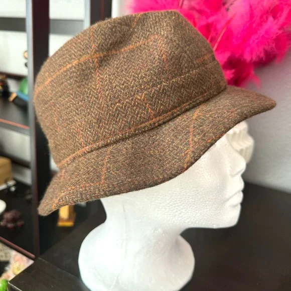Vintage Irish Brown Tweed Plaid Hat with Feather